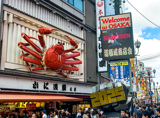 Nadie se va de Osaka sin hacer una visita a Dotonbori. Mucho para ver y comer, y la peculiaridad de gigantescos letreros tridimensionales atrayendo las miradas. En la vista, el icónico cangrejo del "Kanidoraku".